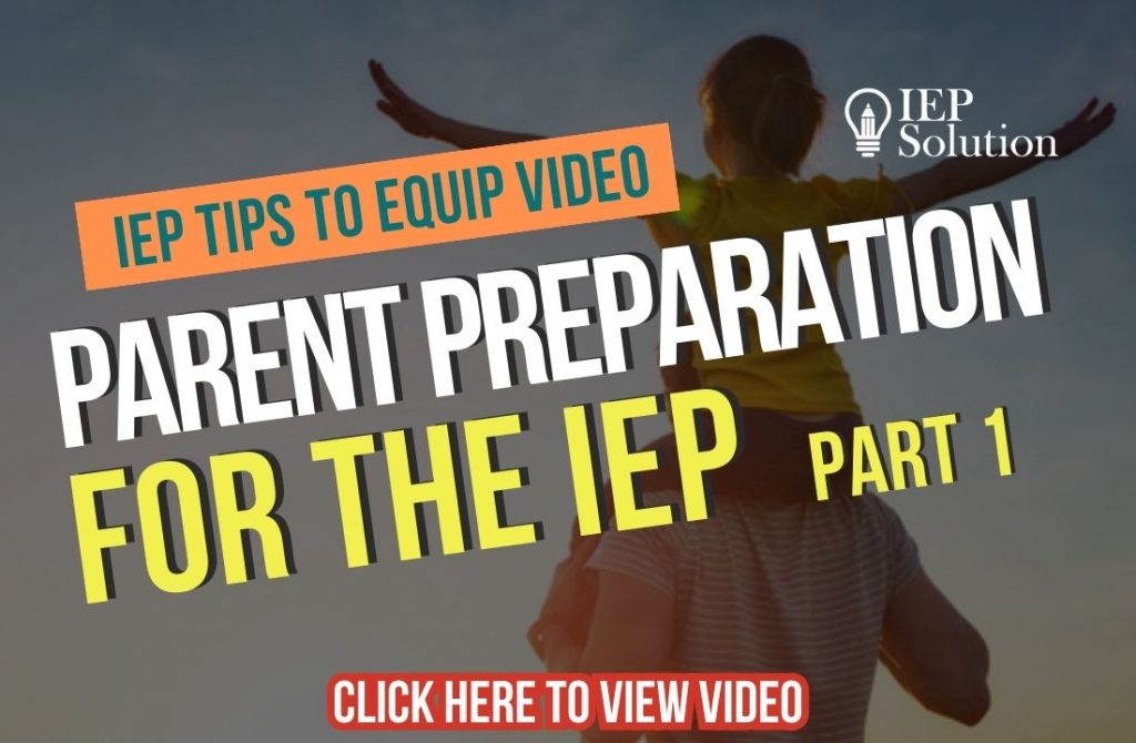 Title page for video with shadow of child on man's shoulders and arms outstretched. The title "IEP Tips to Equip Video" and "arent Preparation for the IEP Part 1"