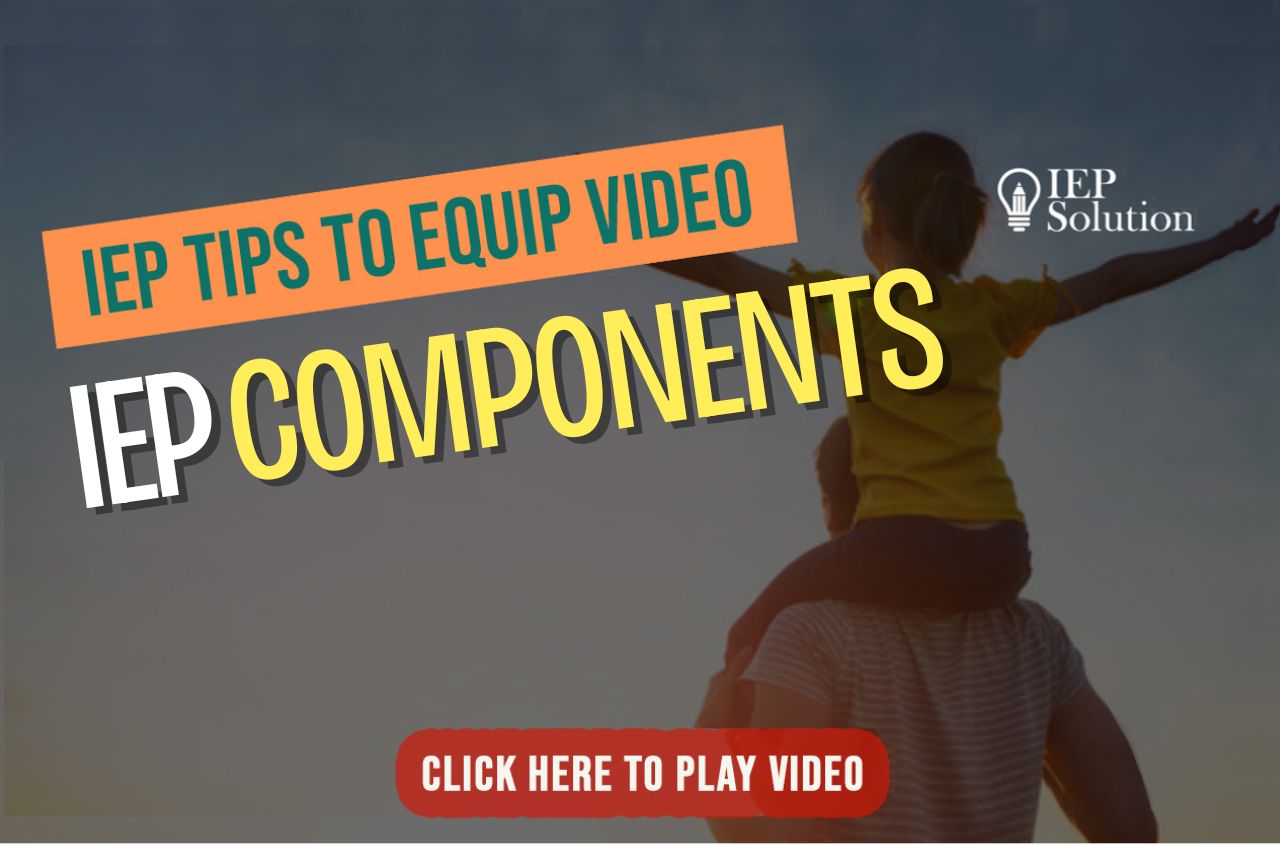 Title page for video with shadow of child on man's shoulders and arms outstretched. The title "IEP Tips to Equip Video" and "IEP Components"